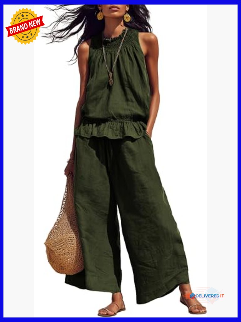 Women's Linen 2 Piece Outfit Sleeveless Ruffle Top Wide Leg Pants Set Summer